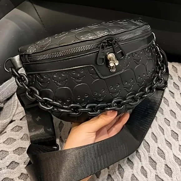 Women’s Black Skeleton Embossed Faux Leather Crossbody Bag with Chain NWT - Picture 4 of 5